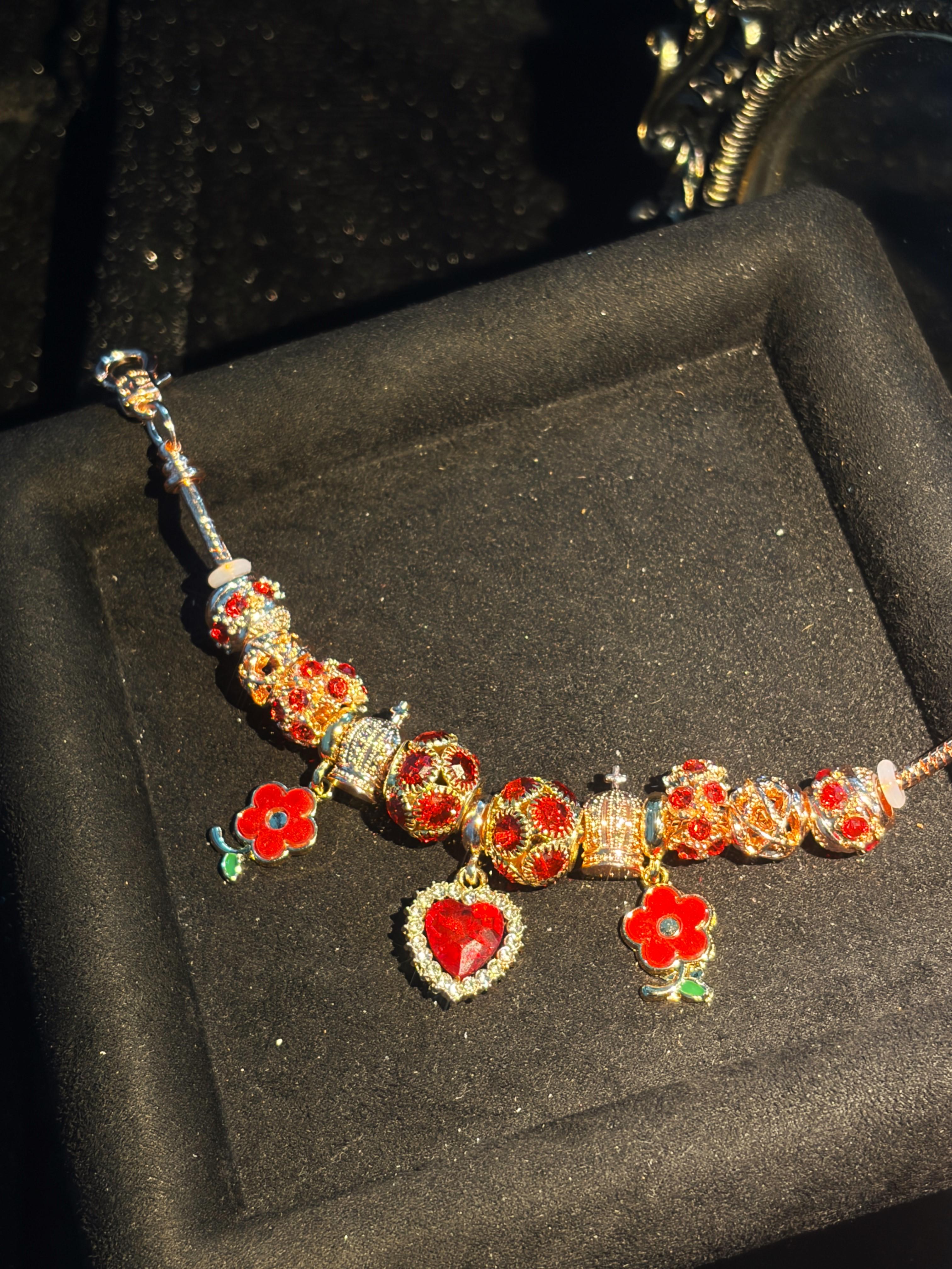 Pink Gold Women Beaded Snake Chain Bracelet, Red Rhinestone Heart & Enamel Flower Pendants, Decorative Crystal Beads, Adjustable Extender Chain Wrist Ornament, Fashion Daily Accessory, Nice Birthday Holiday Dating Party Present for Ladies Teen Girls