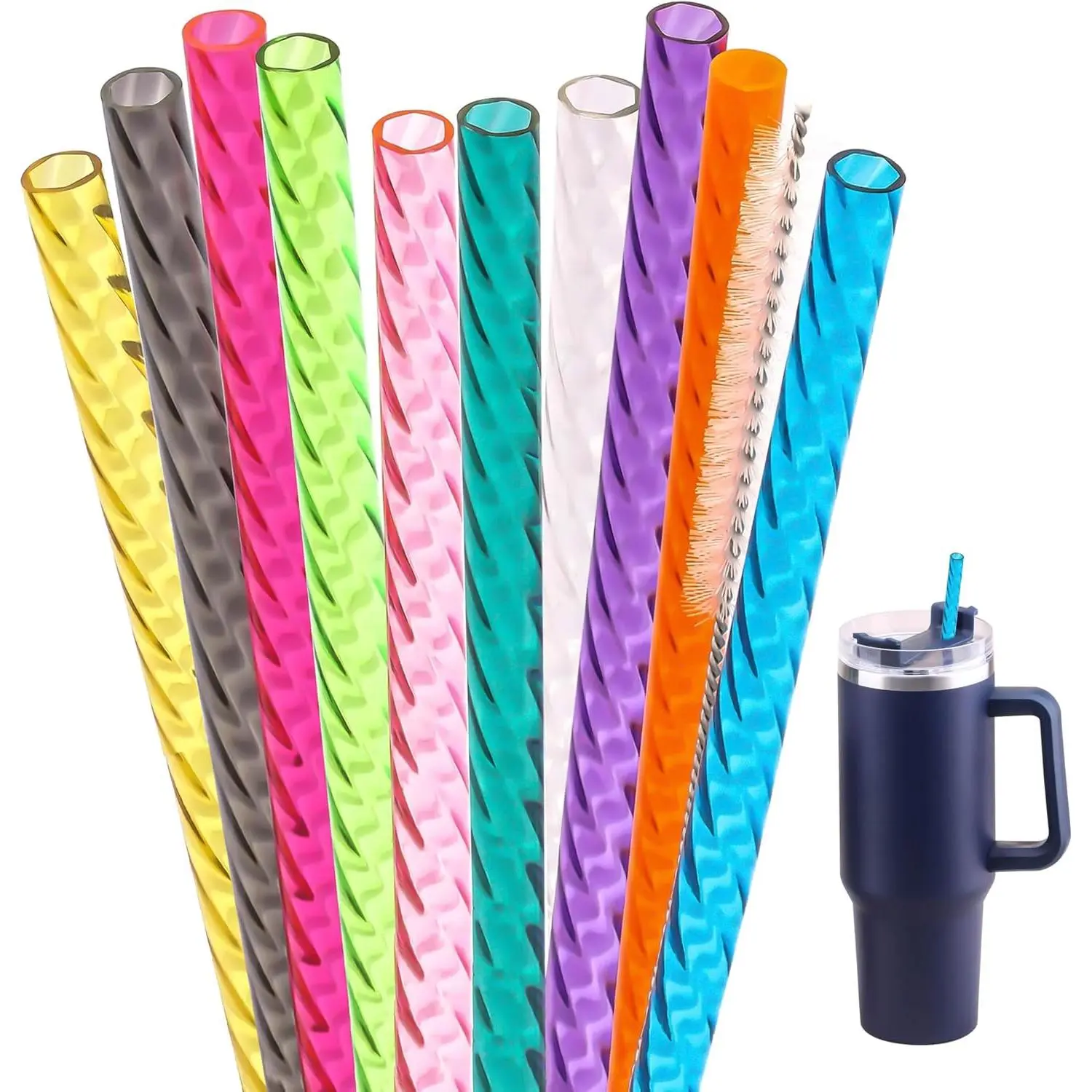 Replacement Swirl Straw for  40 oz 30 oz Cup,10 Pack12 Inch Reusable Plastic Straws With Brush for  Tumblers Accessories,BPA Free (12 Inch,10 Color)