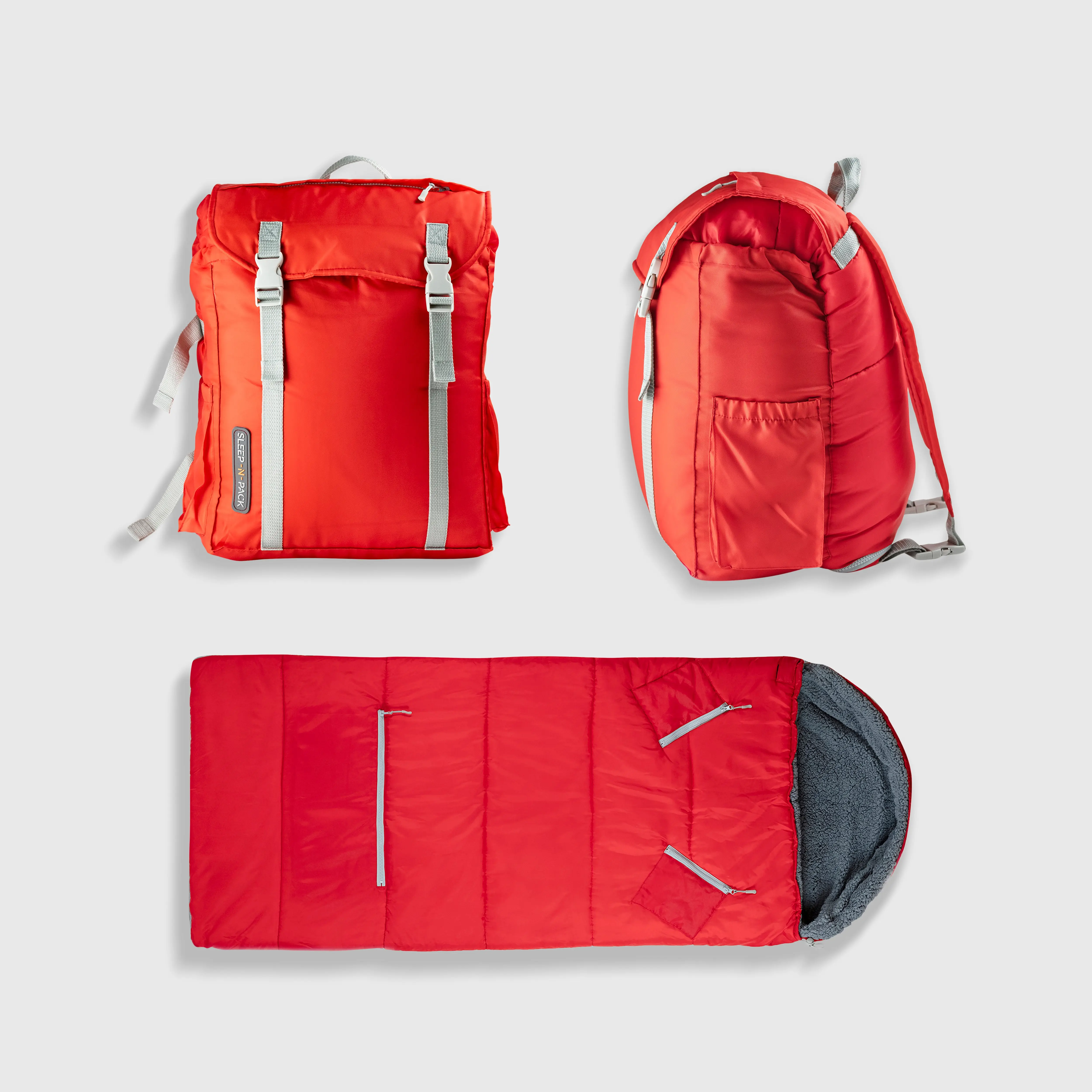 Sleep-n-pack: Packable Sleeping Bag, Big Kid 7-12+ yrs - Fiery Red/Grey Sherpa