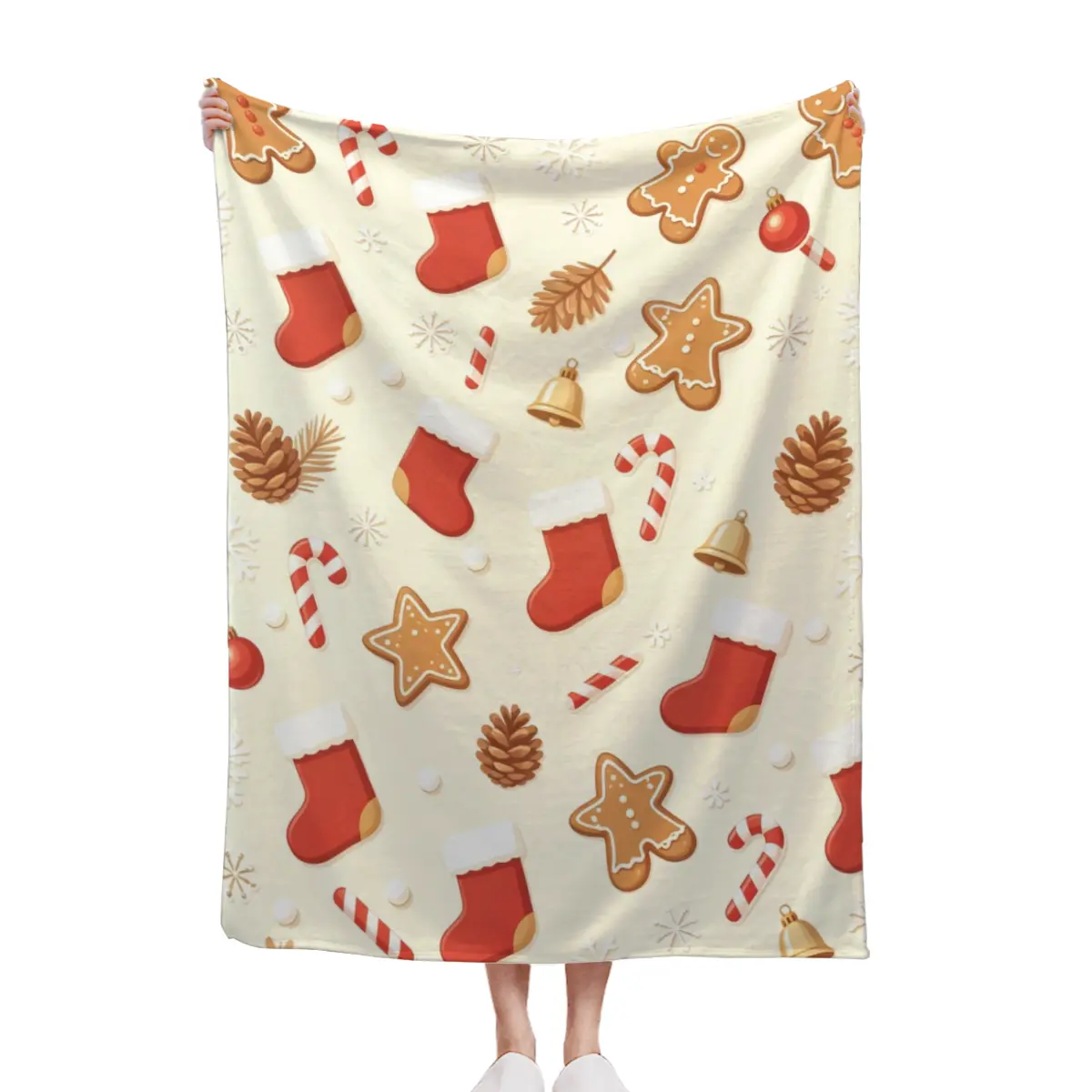 Beige Neutral Anti-Allergic Quilt - Christmas Stocking & Gingerbread Cookie Themed Holiday Throw Blanket, Cute Festive Home Decor Textile, Anti-Allergic Quilts