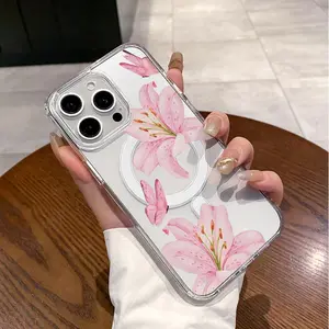 Magnetic Compatible Case suitable for iPhone 17 16 15 14 13 12 11pro promax plus,  Butterfly Lilies MagSafe Compatible, transparent phonecase stuff,Aesthetic Pattern Design,cutephonecases