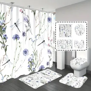 [Popular Choice]1pc/4pcs, shower curtain set, shower curtains, bathroom floor mat, home decoration, bath mat, dragonflies and floral patterns, simple theme decoration, bathroom set, with 12 hooks.