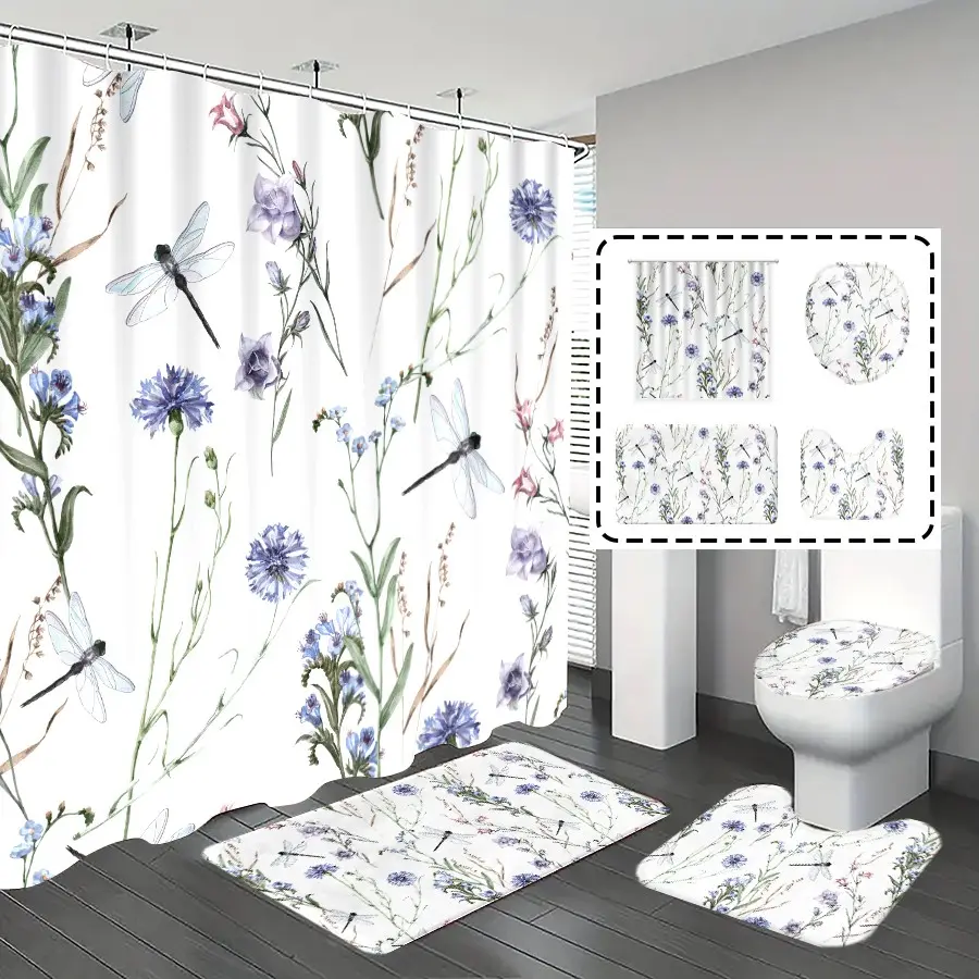 [Popular Choice]1pc/4pcs, shower curtain set, shower curtains, bathroom floor mat, home decoration, bath mat, dragonflies and floral patterns, simple theme decoration, bathroom set, with 12 hooks, Bathroom Decoration Accessories