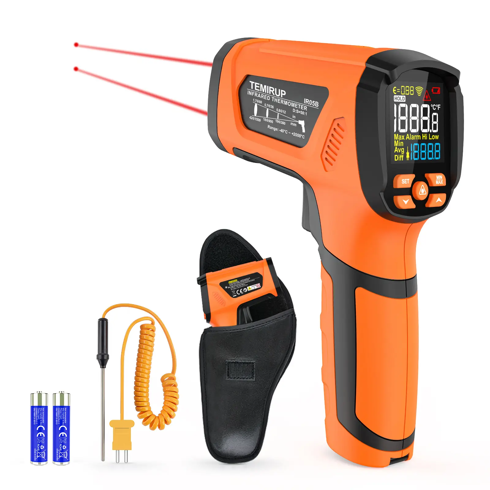 TEMIRUP IR05B 2-in-1 Thermometer: Non-Contact Dual Laser IR Gun (-40°F~3632°F / -40~2000℃) + K-Type Probe, High Temp Color Display – Orange Housing, for Metallurgy, Smelting, Ceramic Kiln, Forging adjustable emissivity