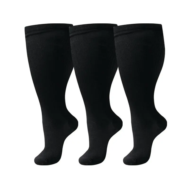 Women's Plus Size 20-30 mmHg Knee High Blood Circulation Compression Calf Socks - 3 Pairs, Extra Wide Calf, for Standing Work & Travel, Blood Circulation Socks, Stays Put 3 Pairs, Travel‑Ready Socks