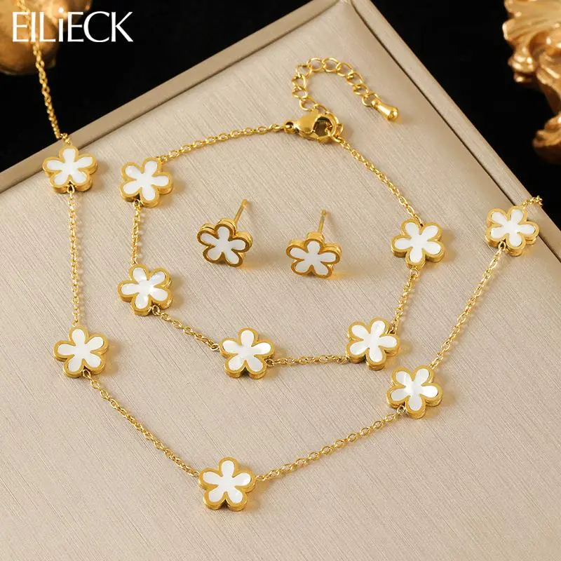 EILIECK 316L Stainless Steel White Flower Petal Necklace Bracelet Earrings Set Fashion Gold Color Waterproof Jewelry Lady Gift