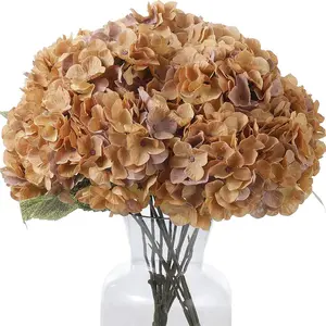 2 Bouquets Faux Hydrangea Flowers Vintage Artificial Silk Hydrangeas 10Heads Fake Floral Arrangements Wedding Autumn Home Table Center Decoration (Brown)