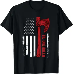 100% Cotton American Viking Axe Flag - Til Valhalla - Norse Mythology T-Shirt