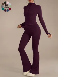 Women's 2-Piece Solid Color Set Long Sleeve Stand Collar Jacket with Thumb Holes, Breathable Yoga Athleisure Wear Set for Gym Outdoor Running Sweatsuit Set