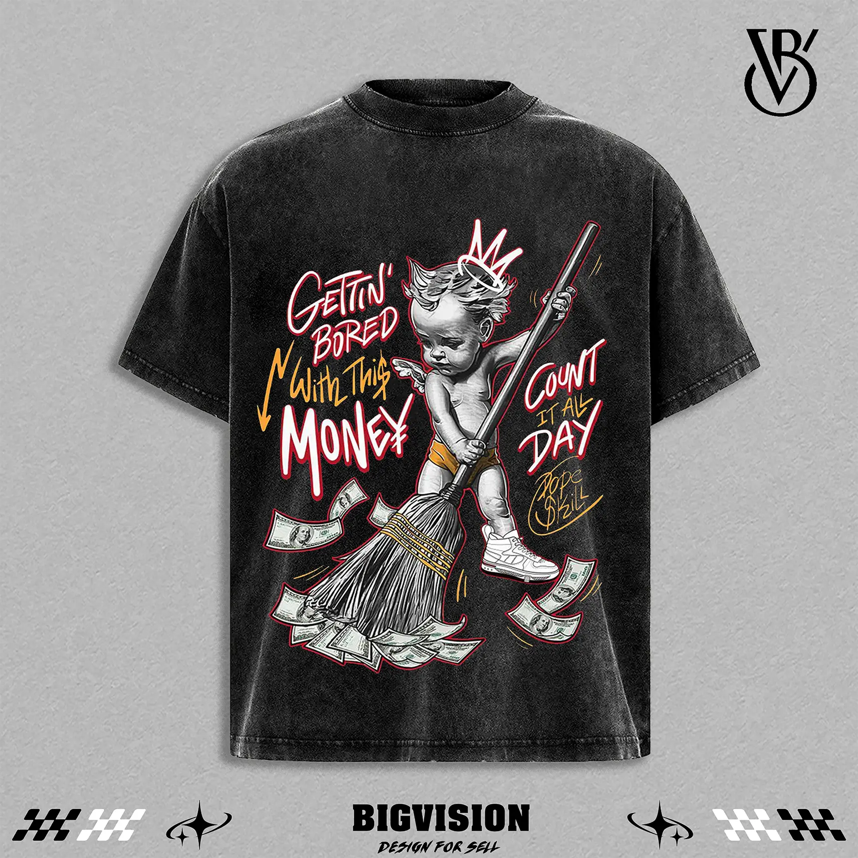 Dirty Money Cherub Washed Tee | Rags To Riches Angel Streetwear Shirt | Heavyweight Cotton Urban Art Top | Gangster Baroque Aesthetic | Count Money Graphic Tee