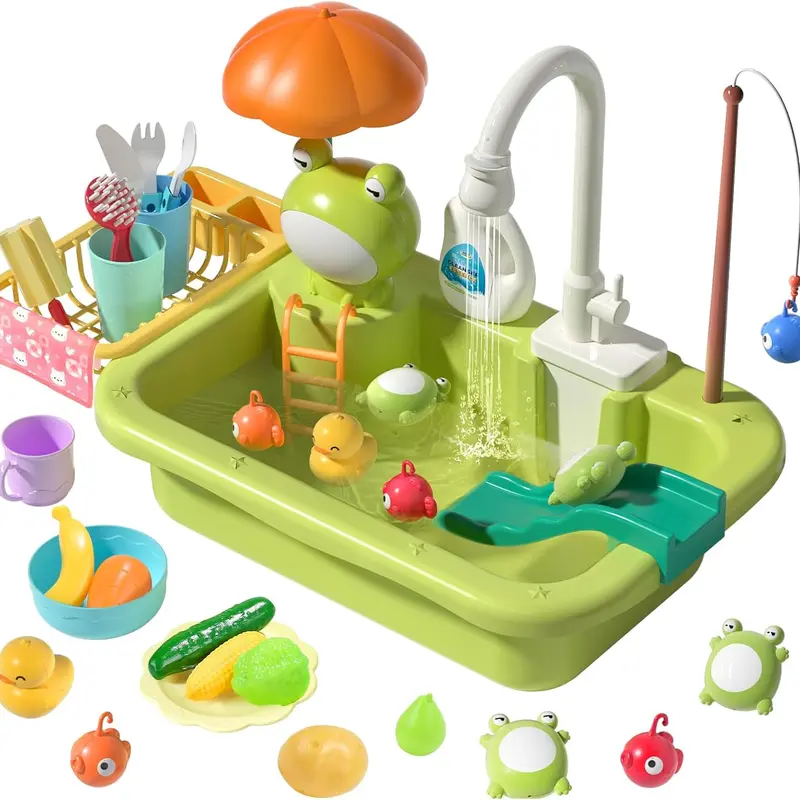 Cute Stone Unisex Pretend Play Kitchen Toy Set - Upgraded Electric Running Water Faucet, Realistic Play Food, Floaty Fish & Frogs, Detachable Drain Rack, 12.5x9x4.5 Inches, 15-20 Mins Per Battery Cycle, Kids Cooking Learning Kit, Ages 6-8 Gift Ideas