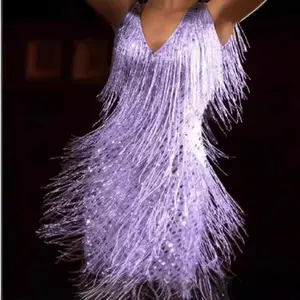 2026 Tassel Sexy Evening Dress Women's Low-cut Fringe Party Dress in Lavender Glitter