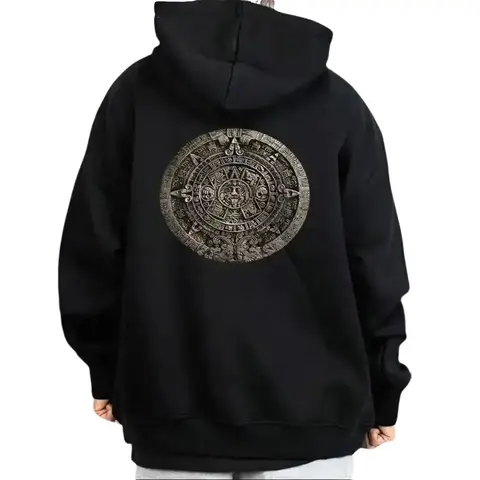 Men's Chicano Aztec Calendar Graphic Hoodie - Long Sleeve Oversized Streetwear Pullover, 50/50 Cotton-Poly, Mexican Inspired Unisex Cut Shared Style Comfortable Tops