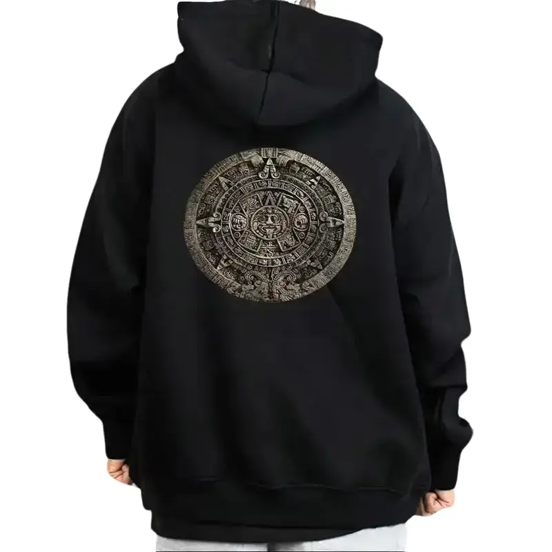 Men's Chicano Aztec Calendar Graphic Hoodie - Long Sleeve Oversized Streetwear Pullover, 50/50 Cotton-Poly, Mexican Inspired Unisex Cut Shared Style Comfortable Tops