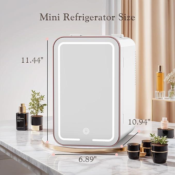 Mini Fridge for Bedroom, 6L Skincare Fridge with LED Mirror, Portable Cooler & Warmer for Dorm, Office, Makeup & Cosmetics, White Compact Quiet Design
