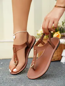 Women's Summer 2024 Plain Pu Leather Rivet Design Toe Thong Leather Strap Sandals, 1 Pair Casual Vacation Beach Sandals for Women & Girls, Lightweight Breathable Comfortable Shoes for Students Outdoor