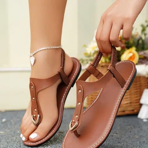 Women's Summer 2024 Plain PU Leather Rivet Design Toe Thong Sandals, Boho Style Sandal, Summer Fashion Sandals, 1 Pair Casual Vacation, Lightweight Breathable Comfortable Shoes for Women, Girls and Students, Casual Flat Sandals for Outdoor Vacation