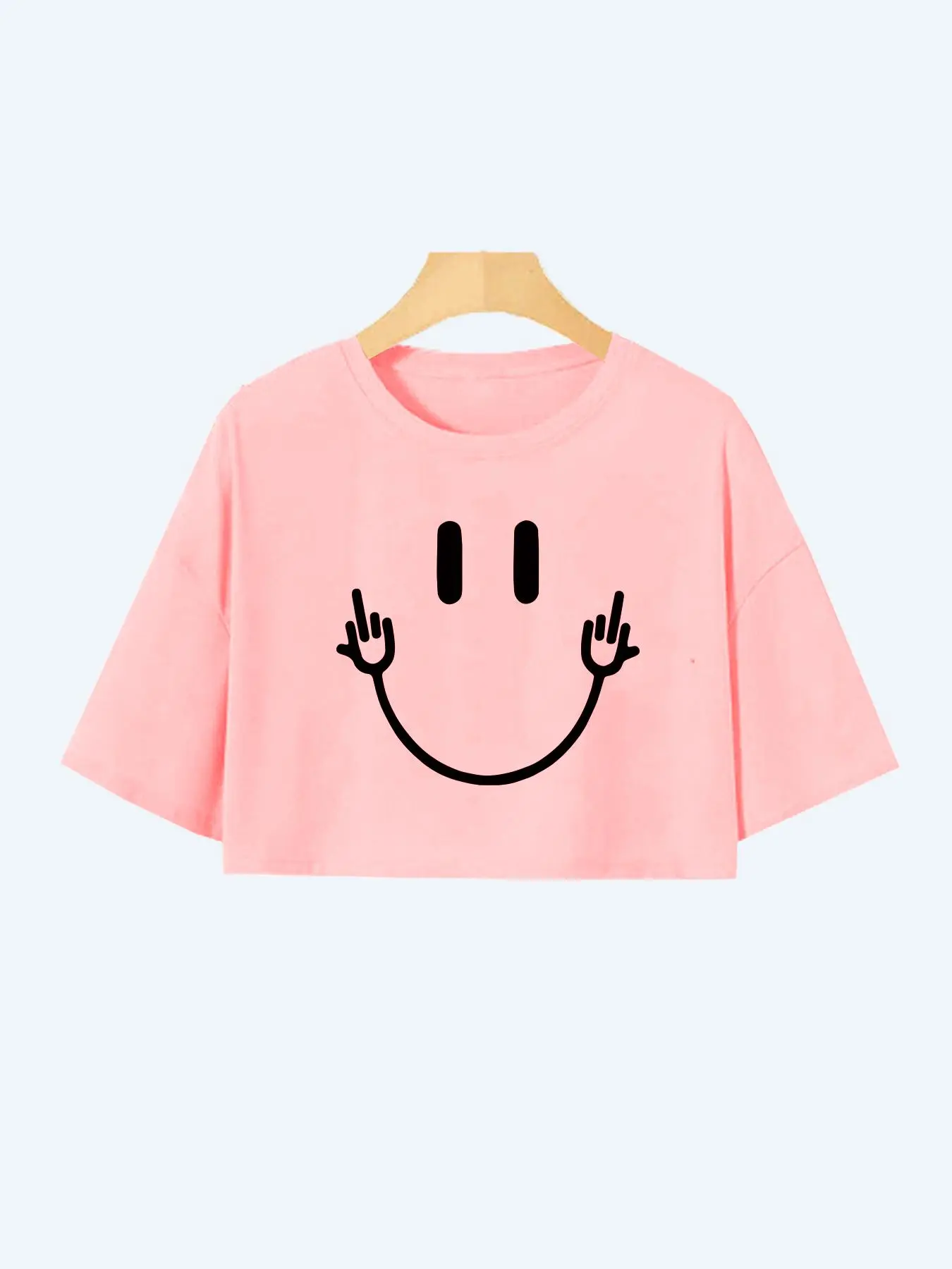 Women's Cartoon Face Print Round Neck Stretchy Polyester Crop Tee, Fashion Chic Casual Style Drop Shoulder Short Sleeve Top T-Shirt for Daily Outdoor Wear, Ladies Clothes for All Seasons