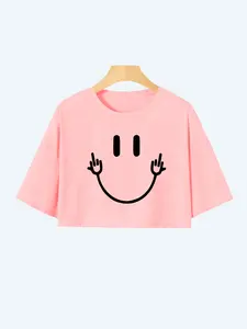 Women's Cartoon Face Print Round Neck Stretchy Polyester Crop Tee, Fashion Chic Casual Drop Shoulder Short Sleeve Top T-Shirt for Daily Outdoor Wear, Ladies Clothes for All Seasons