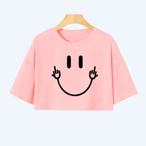 Women's Cartoon Face Print Round Neck Stretchy Jersey Polyester Crop Tee, Fashion Chic Casual Drop Shoulder Short Sleeve Top T-Shirt for Daily Outdoor Wear, Ladies Clothes for All Seasons