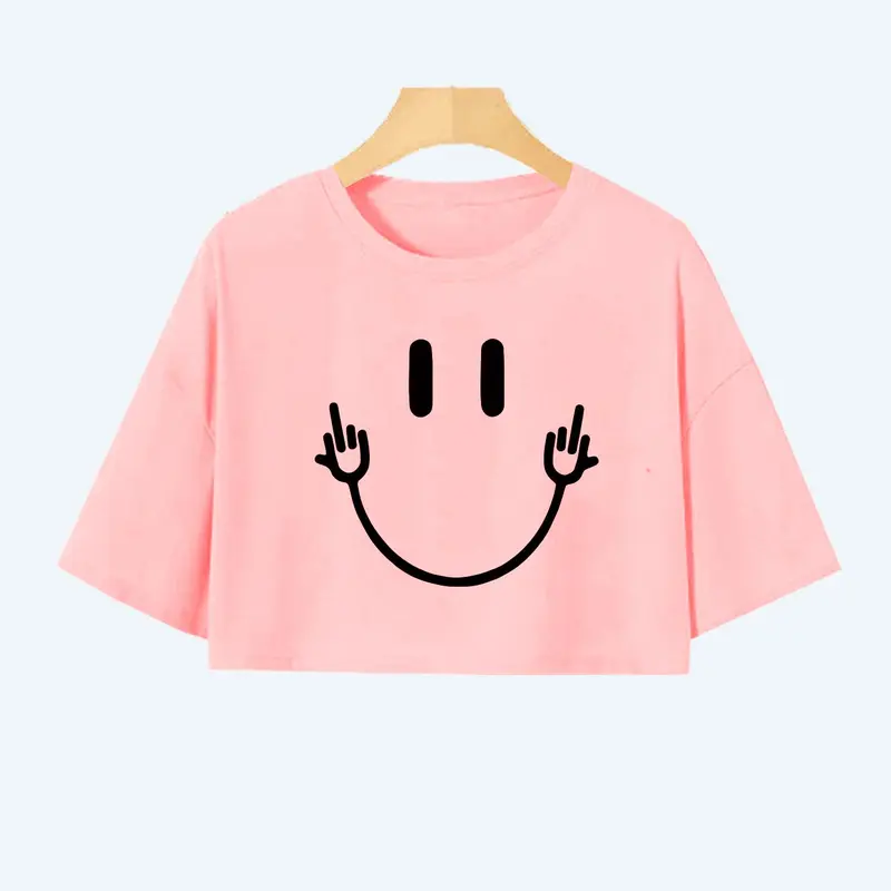 Women's Cartoon Face Print Round Neck Stretchy Jersey Polyester Crop Tee, Fashion Chic Casual Drop Shoulder Short Sleeve Top T-Shirt for Daily Outdoor Wear, Ladies Clothes for All Seasons