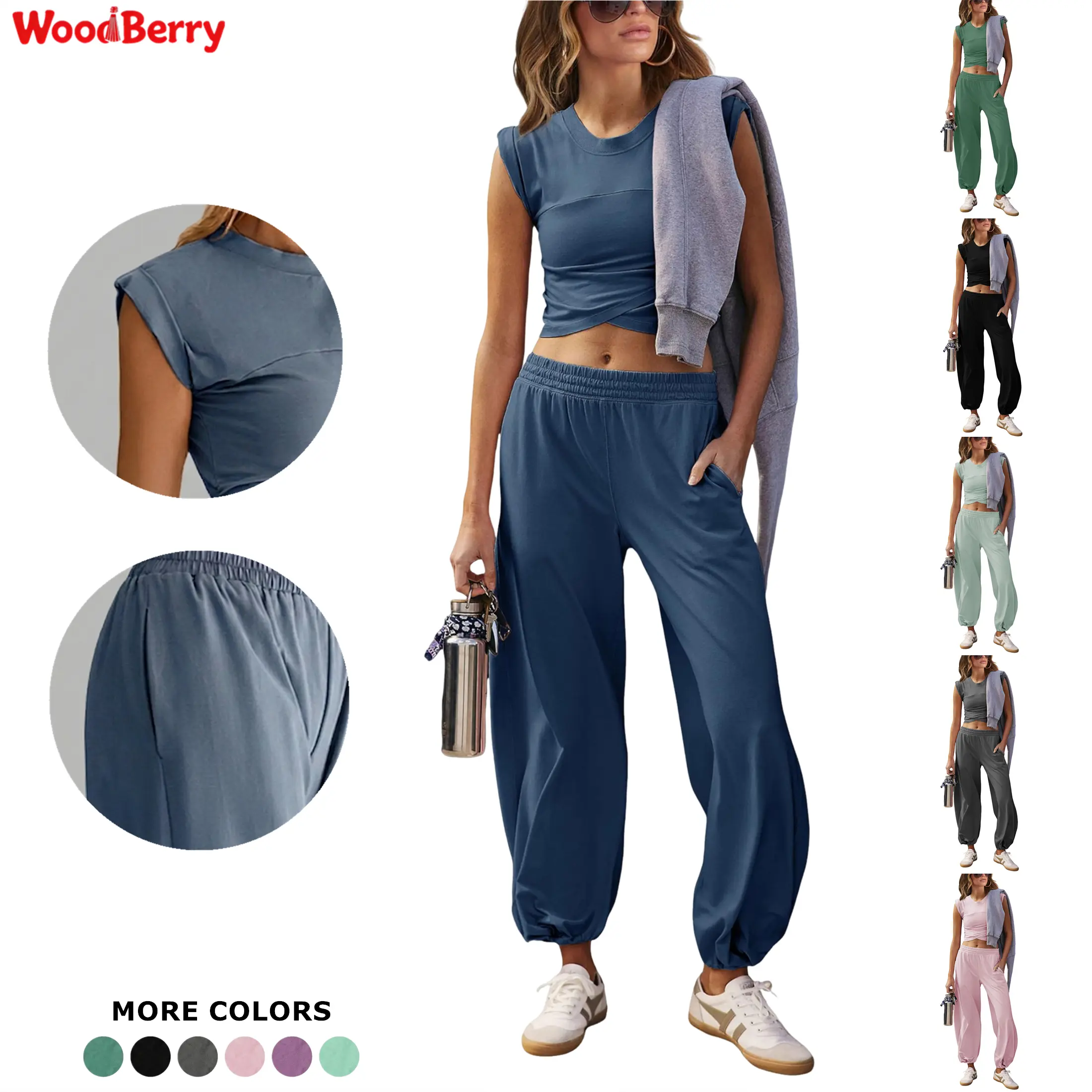 WoodBerry Women's Two-Piece Lounge Sets Workout Cropped Top Tee High Rise Sweatpants Outfits Casual Sweatsuits Suit Athletic Tracksuits With Pockets summerwins Athleisure Set Activewear Clothes