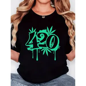 Women 420 Leaf and Number 420 Print T-Shirt - Neon Green and Black Short Sleeve Round Neck Casual Tee with Leaf Design, Machine Washable for Parties, Casual Attire and 420 Events
