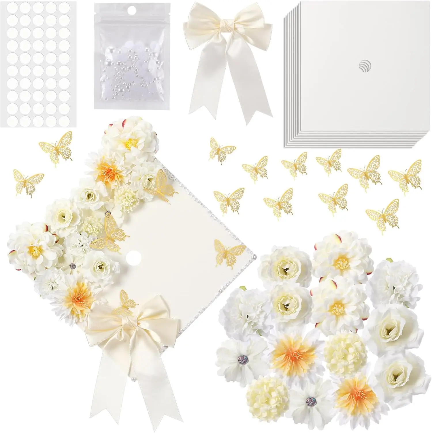 41-Piece Beige DIY Graduation Cap Decoration Kit, Grad Cap Topper with Faux Assorted Flowers, Bows, 3D Cream Construction Paper Butterflies, Graduation-Themed Stickers, Pearl Adhesive Dots, Graduation-Themed Sticker Stickers