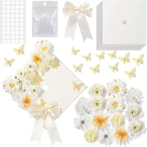 41 Pcs Beige DIY Graduation Cap Decoration Kit, Grad Cap Decorations Grad Hat Topper Faux Assorted Flowers Bows 3D Cream Construction Paper Butterfly Stickers Pearl Adhesive Dots