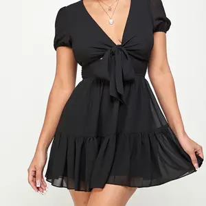 Hannah Solid Front Tie Knot Ruffle Mini Dress
