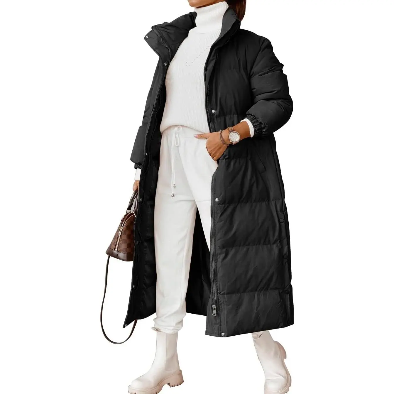 Women's Long Quilted Puffer Jacket, Loose-Fitting Casual Winter Coat with a Stand Collar and Adjustable 2-Way Zipper, Zip-Up, Collared Neck, Baggy, Hang For A While