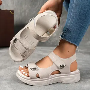 ZPLXQQ Women's Summer Casual Black Platform Wedge Sandals - Open Toe, Breathable PU Upper, Ankle Strap with Hook-and-Loop Closure, Solid Color, Beachwear, Strappy Sandals, Women Shoes