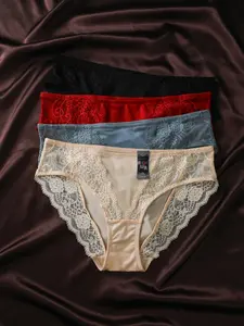 Women's Satin Lace Patchwork Triangle Panties, Everyday Breathable Slim-Fitting Underwear, Fashionable Comfortable Home Wear, Womenswear