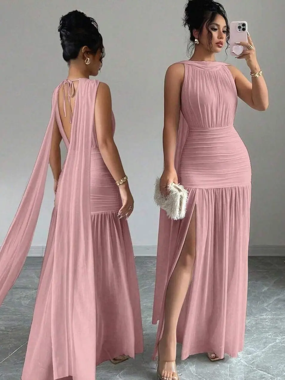 Women's Elegant Solid Color Backless Pleated Slit Dress, Summer