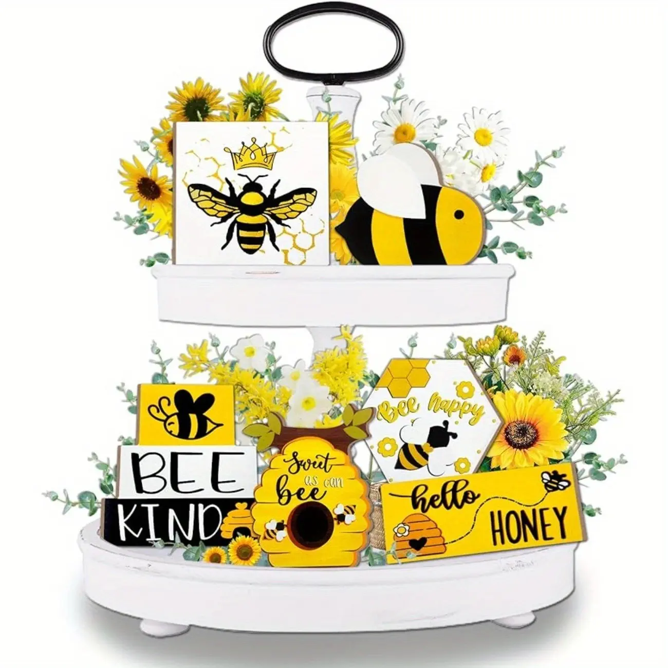 Charming Bee Theme Farmhouse Tiered Tray Decor Set, Rustic Farmhouse Design, Sweet Honeybee Home and Office Decoration, Cute Home Decor Products for Spring Summer