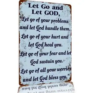 Vintage 8x12 Inch Aluminum Metal Sign, Home Decor & Wall Decor "Let Go of Your Problems and Let God" Inspirational Quote, Religious Plaque For Bedroom & Home Decor