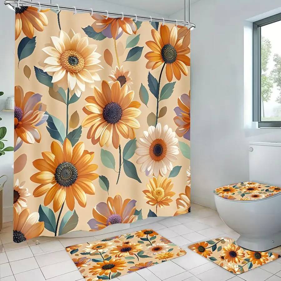 Sunflower Pattern Bathroom Decor Set, 4 Counts/set Including Shower Curtain & Toilet Lid Cover & Bath Mat & U-shaped Mat, Bathroom Accessories