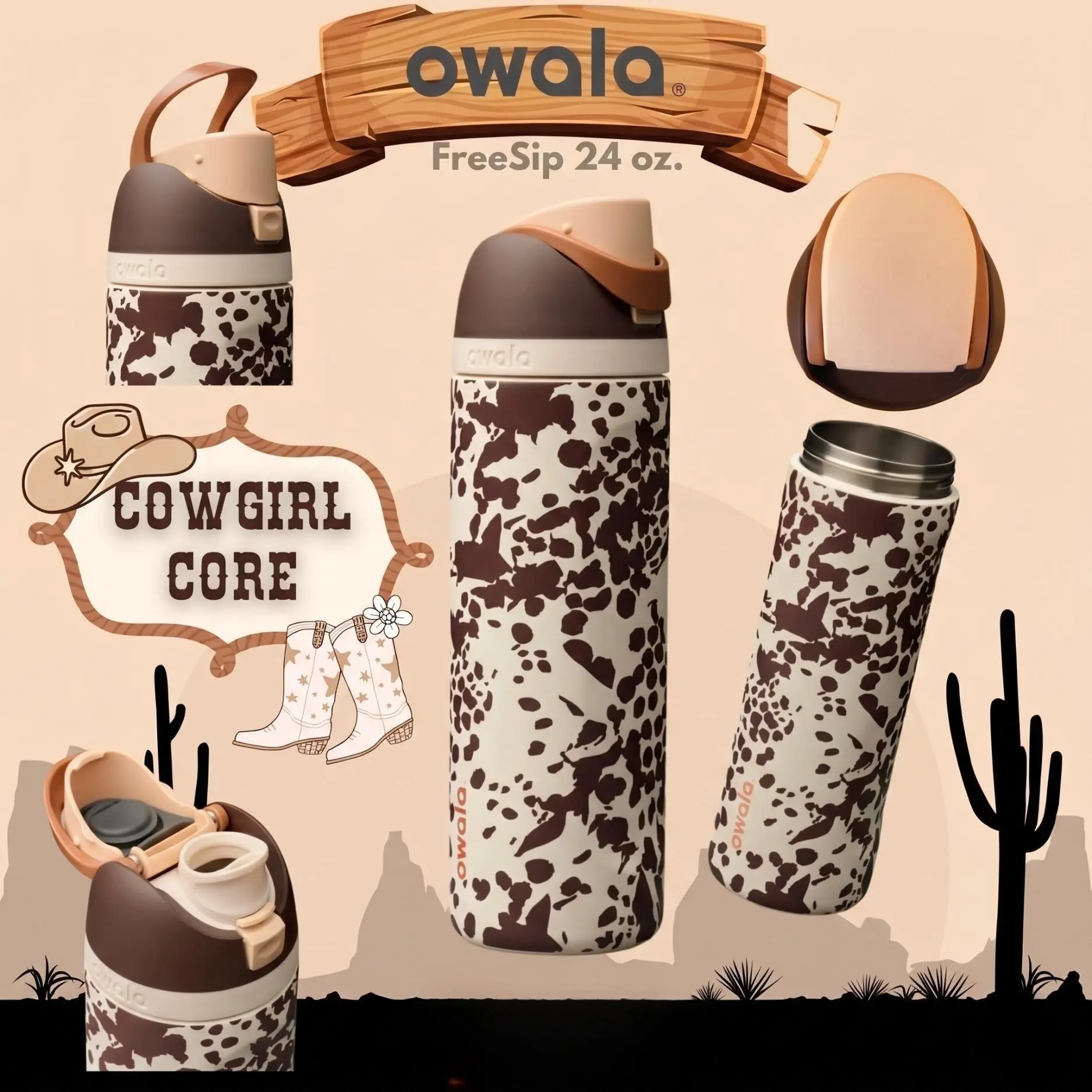 LIMITED EDITION Owala Cowgirl Core Cow Print FreeSip Water Bottle - 24oz Western Collection Aesthetic Leak-Proof Drinkware Flask, Flasks