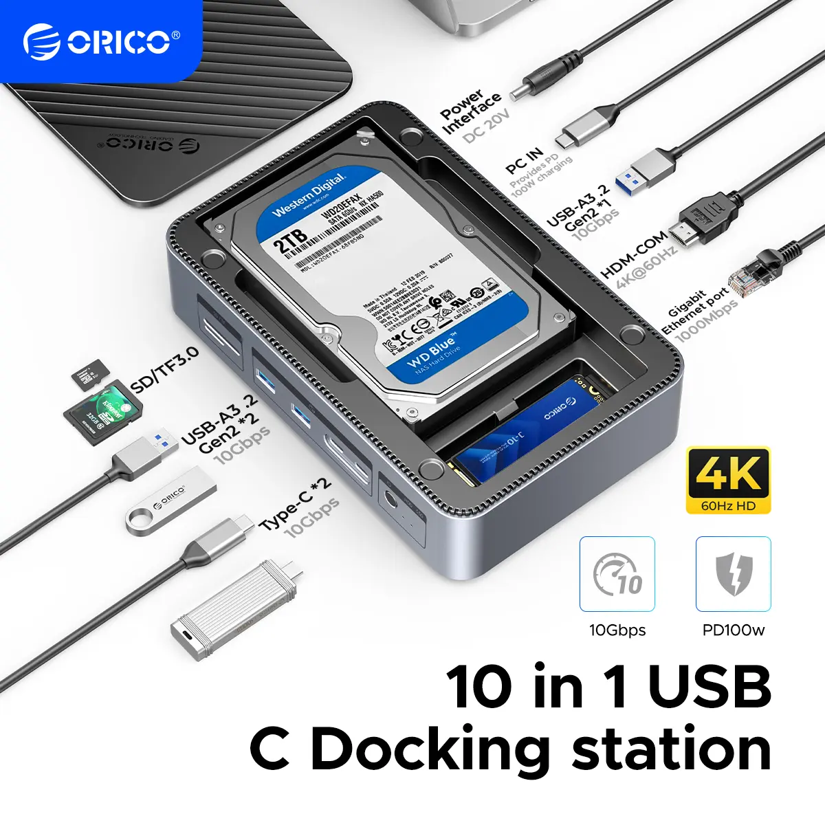 ORICO 10-in-1 USB C Hub with M.2 + SATA 2.5”/3.5” SSD/HDD Enclosure, USB C to HDMI Adapter 4K@60Hz,10Gbps USB A/USB C Data Ports, USB C Docking Station for Windows/Mac OS-D35M2