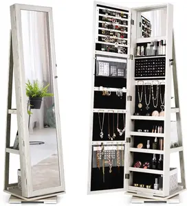 CHARMAID 360° Swivel Jewelry Armoire with Higher Full Length Mirror & inside Makeup Mirror, Standing Lockable Jewelry Cabinet Organizer, Large Capacity, Back Storage Shelves (Grayish White)