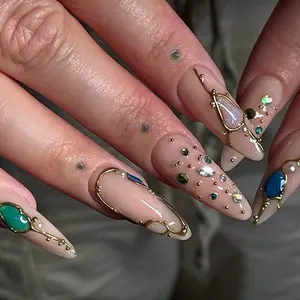 SHEDARES Gemstone Treasure – Handmade Nude Stiletto Press-On Nails with Emerald, Opal & Sapphire Charms Framed in Gold –Perfect for Parties, Nights Out & Dates