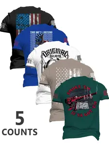 Men's American Flag & Casual Letters Print Round Neck Tee, Regular Fit Casual Streetwear Classic Short Sleeve T-shirt for Summer, Men's Top for Daily Wear, Menswear Set