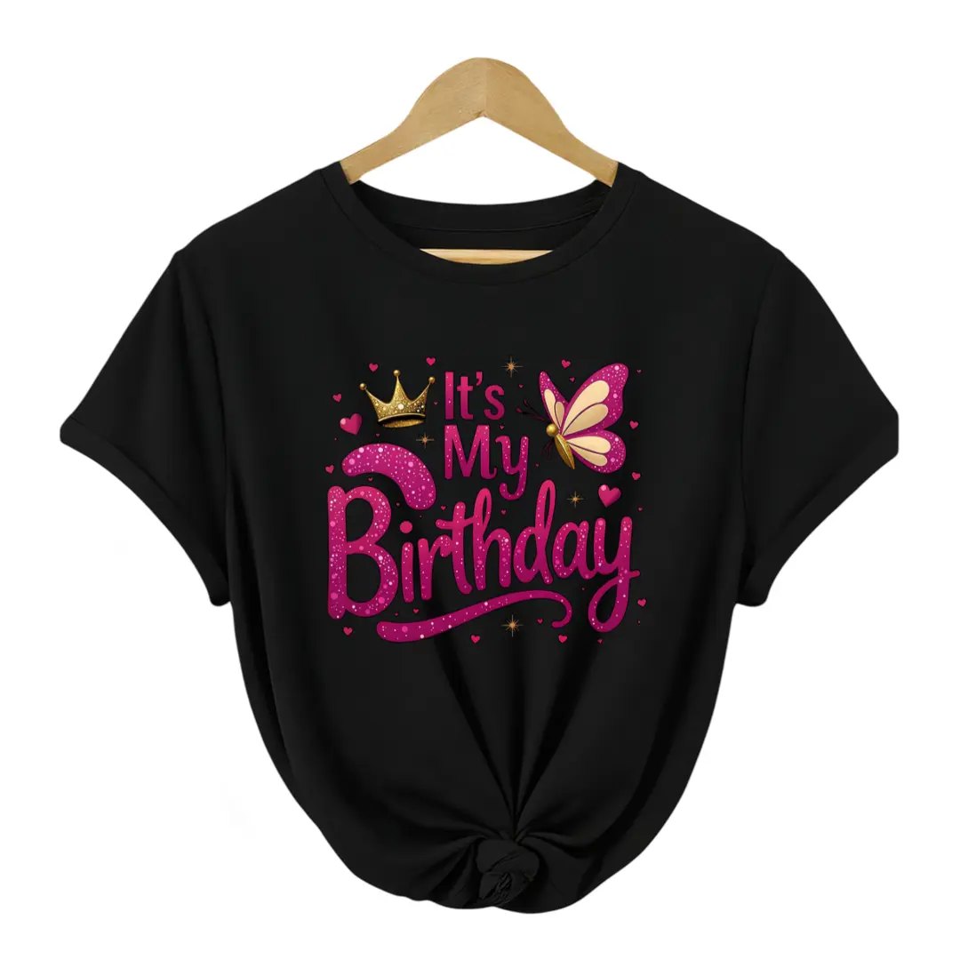 Women's It's My Birthday Glitter Graphic T-Shirt, Casual Short Sleeve Crew Neck Relaxed Fit Top