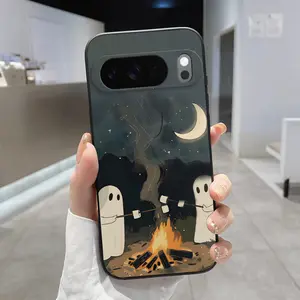 Rounded Edge Phone Case for Google Pixel 10 9 8 7 Pro A XL Ghosts' Campfire Night Pattern Pocket-Friendly Shockproof Liquid Silicone Protective Soft Smartphone Casing