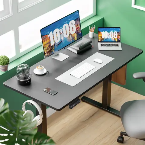 Furnest Electric Height-Adjustable Rectangular Sturdy Standing Office Desk - T-Leg Frame Workstation, 40'' x 24''-Black, Splice Board, 2 Hooks, Wire Hole, Easy Setup, Quiet Lift, 154 lbs Capacity for Home Office Use