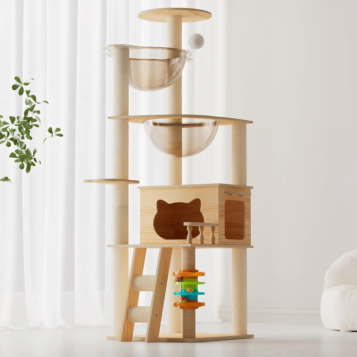 [Bellemave] 59"  Modern Indoor Cat Tree Tower| Wooden Cat Condc with Sisal Posts &  2 Acrylic Hammock| Cat Toy for Small Large Cats﻿