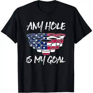 Casual Round Neck Shortsleeve Fashion Cotton Graphic Tees Streetwear Any Hole Is My Goal American Flag Beer Flip Cup Pong T Shirt