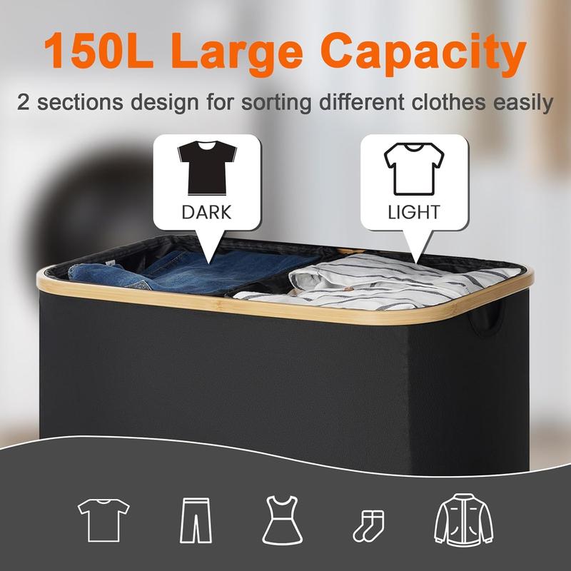 Garprovm Double Laundry Hamper with Lid 150L Large Laundry Basket with Bamboo Handles Foldable Clothes Hampers with 2 Removable Liner Bags for Laundry for Bedroom, Bathroom, Dorm, Laundry Room,Black