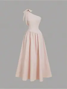 Elegant Light Feminine One-Shoulder Bow Tie High Waist A-Line Dress, Spring Summer Party Wear, Women's Casual Fashion