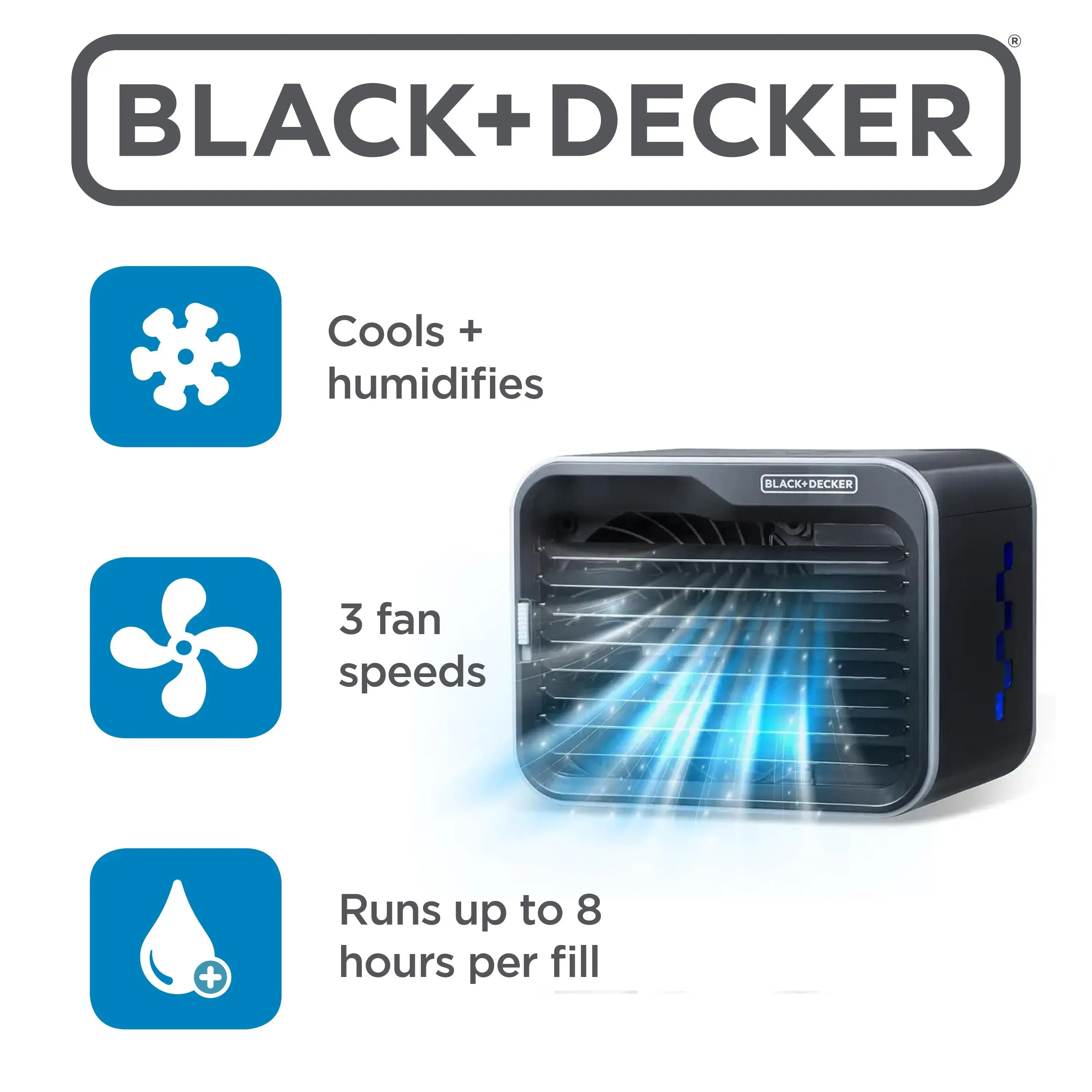 BLACK+DECKER Desktop Air Cooler, Personal Portable Fan with 3-Speeds, Evaporative Air Cooler with 0.5L Water Tank, Air Cooler Fan for Desk, Home, Office, Bedroom, and more, BDMC10B, Black